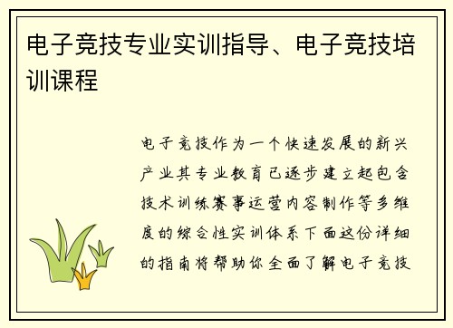 电子竞技专业实训指导、电子竞技培训课程